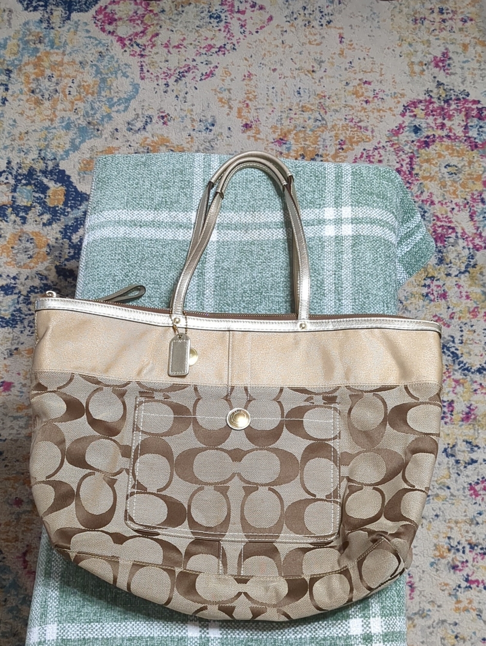 Y2K Coach Beige and Gold Signature C Tote
